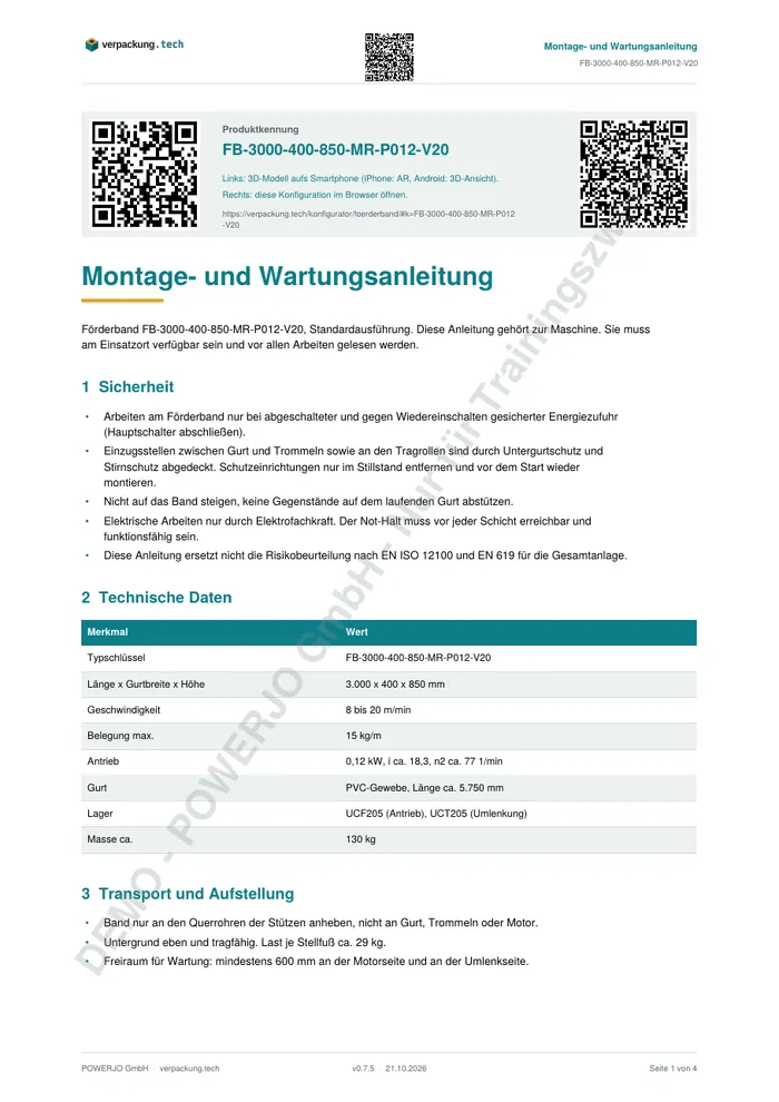 Montage und Wartungsanleitung, Blatt 1